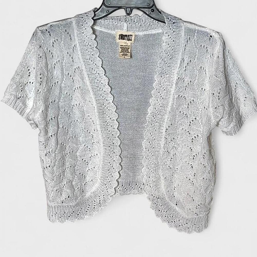 Sweet Kizz White Crochet Knit Sweater Short Sleeve Crop Top - Size S